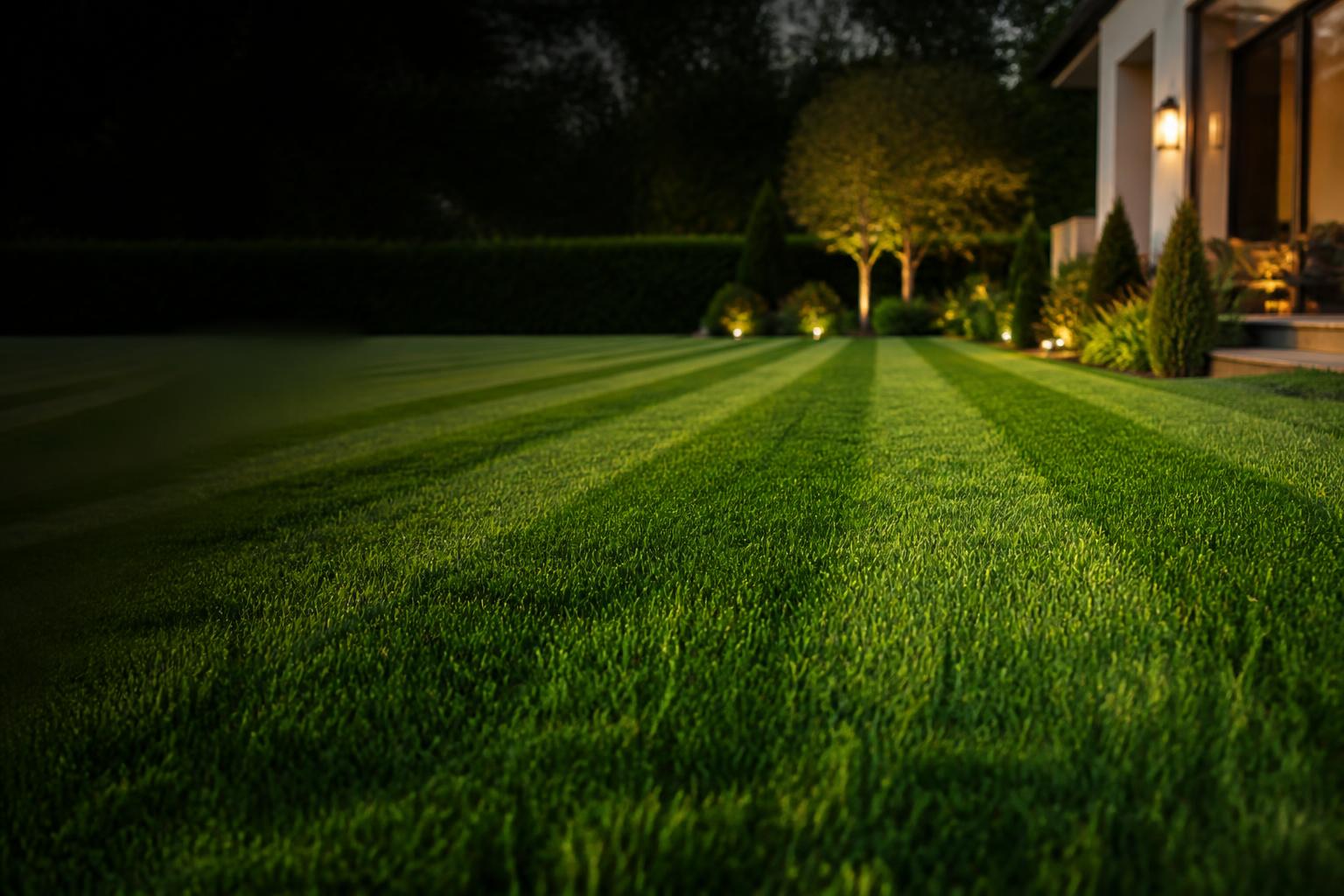 Perfectly manicured lawn with clean mowing stripes at golden hour